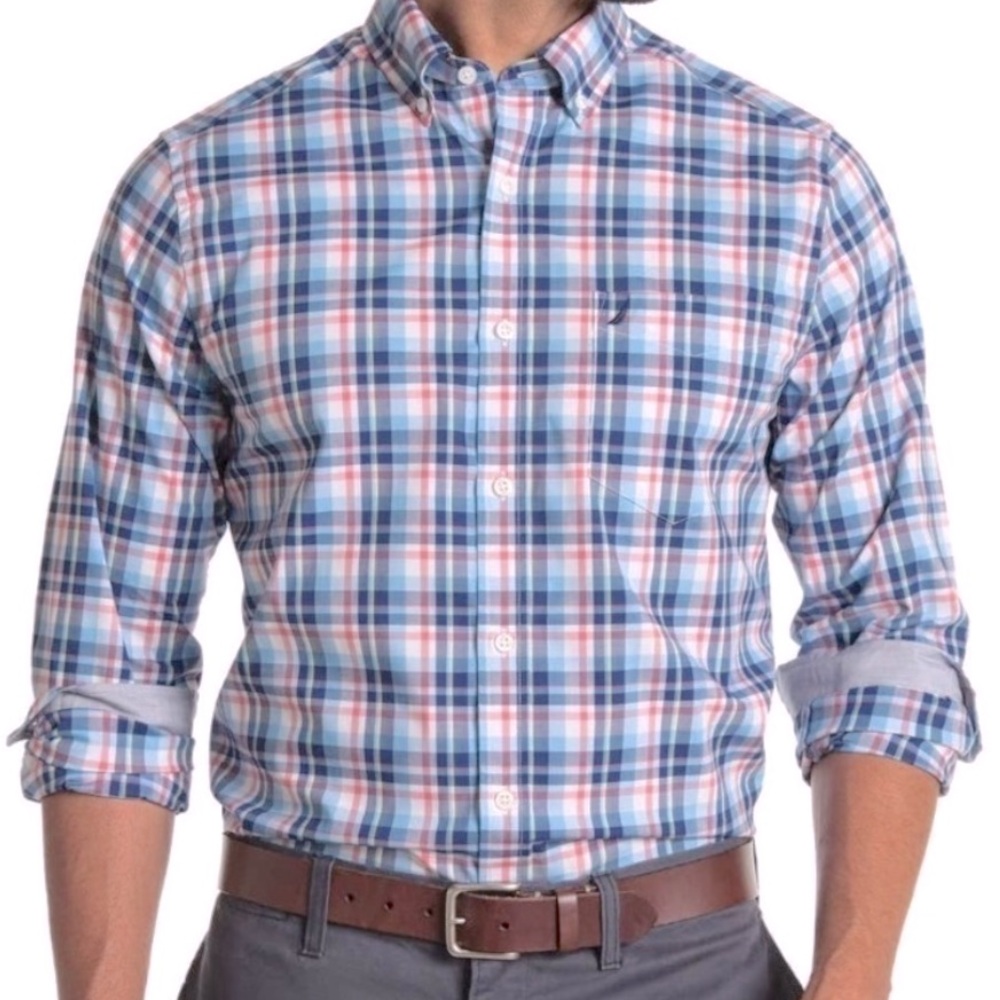 Nautica Long Sleeve Button Down Blue & Pink Plaid Men’s Shirt